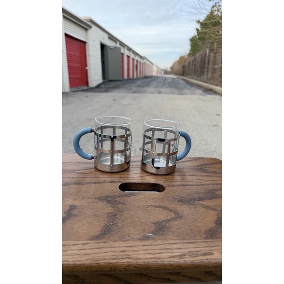 Alessi 18/10 Stainless Glass Mug Cup Set of 2 Blue Handles Italy - Picture 6 of 8